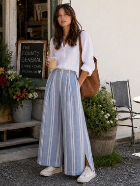 Anthropologie Beachy Wide Leg Linen Pants Blue White Stripe Petite 0P Boho EUC